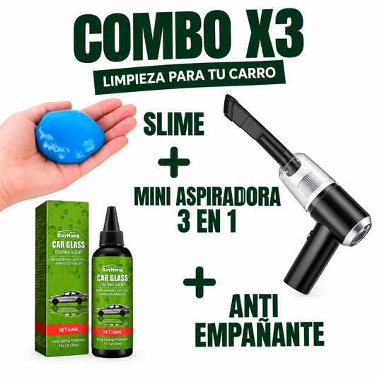Combo x3 Limpieza para Carro: Slime, Antiempañante y Mini Aspiradora