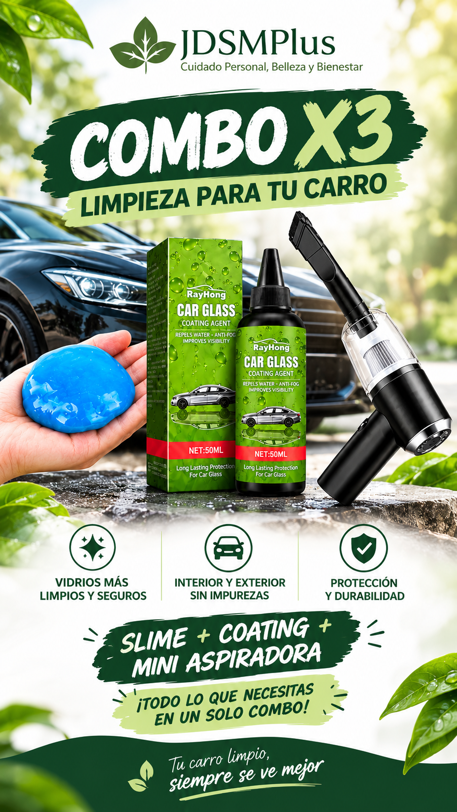 Combo x3 Limpieza para Carro: Slime, Antiempañante y Mini Aspiradora