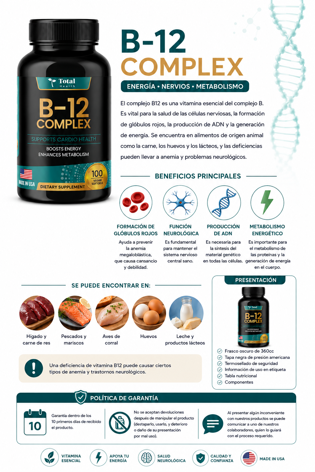 Vitamina B12 Complejo Total Health | Energía, Sistema Nervioso y Glóbulos Rojos