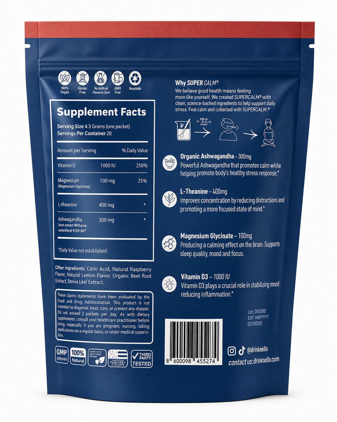 Nello Super Calm – Bebida en Polvo Sabor Raspberry Lemonade