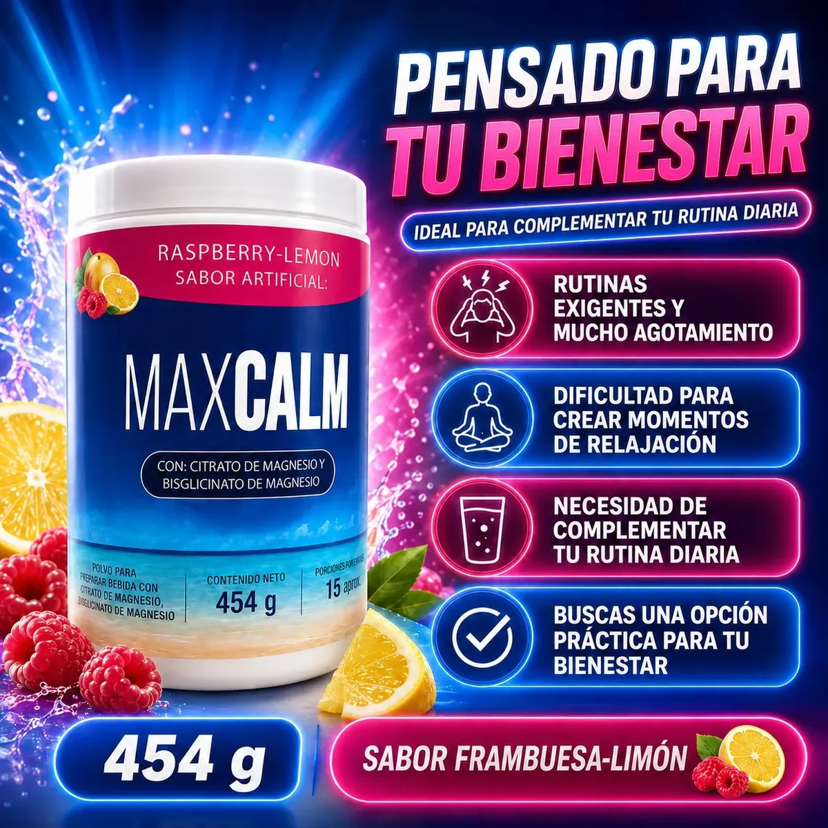 MAXCALM Magnesio en Polvo Frambuesa-Limón 454 g
