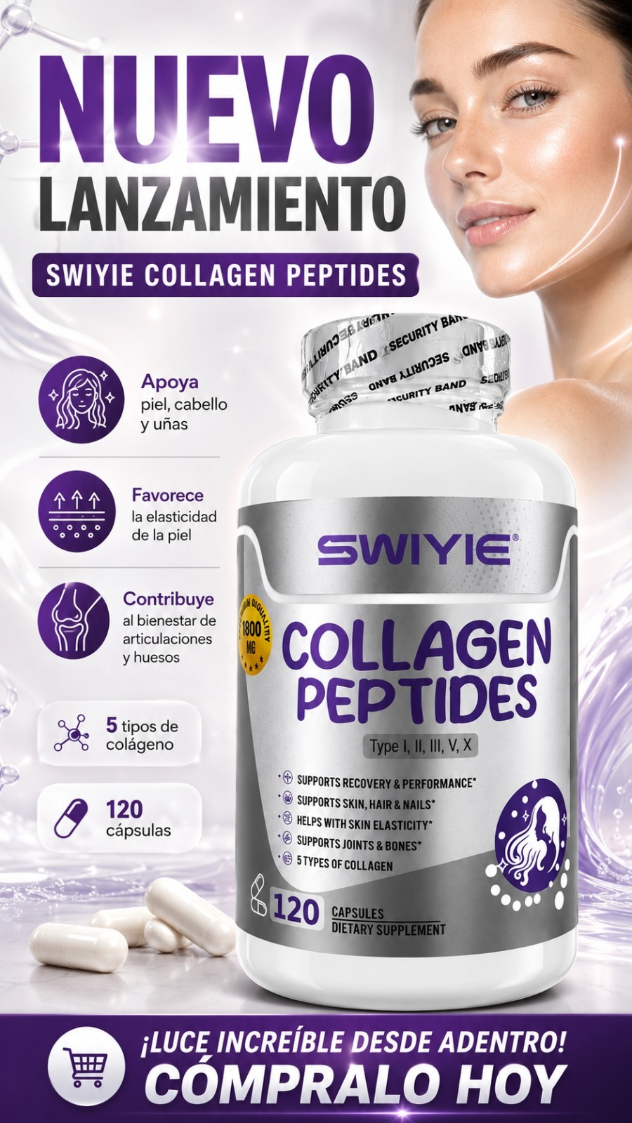 Colágeno Hidrolizado SWIYIE x120 Cápsulas | Tipos I, II, III, V y X